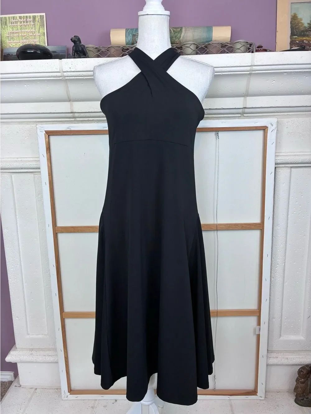 Michael Kors Black Cross-Neck TBack Midi Dress w/ Logo Buckle
